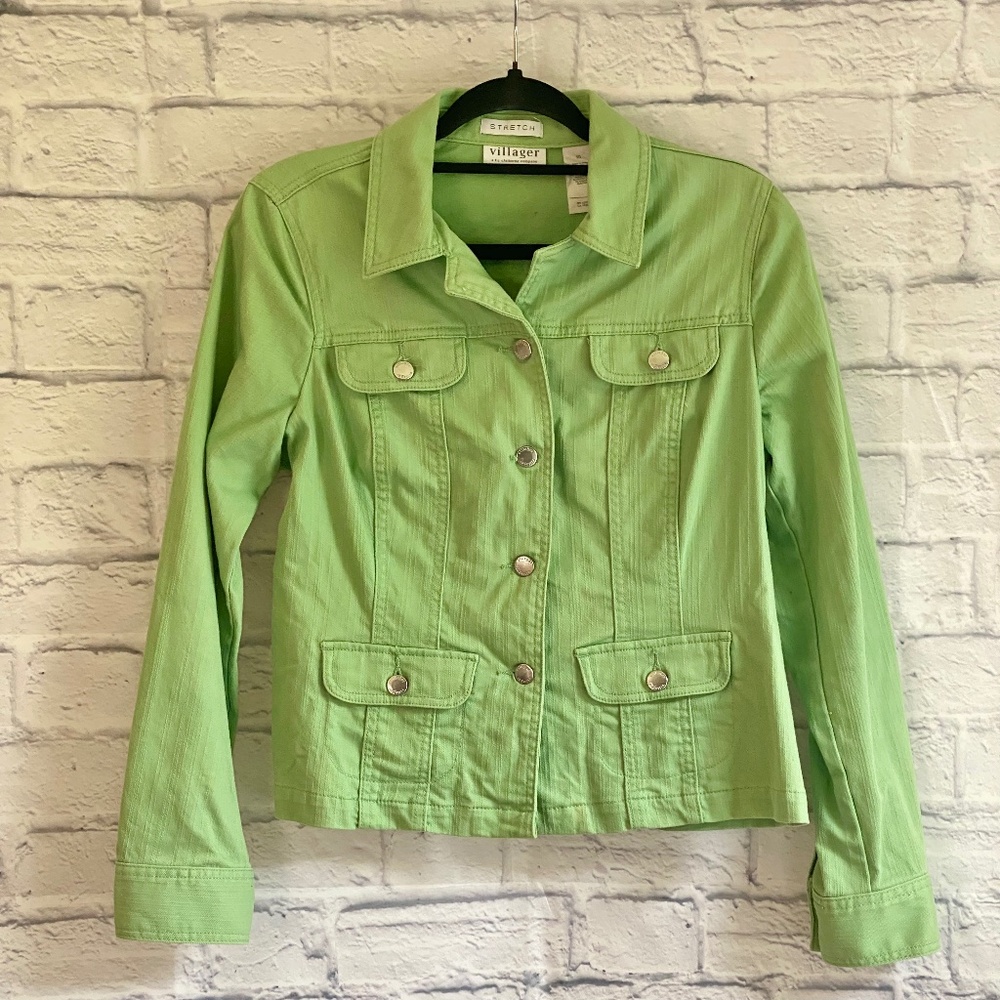 VILLAGER LIZ CLAIBORNE LIME GREEN STRETCH JEAN JACKET
